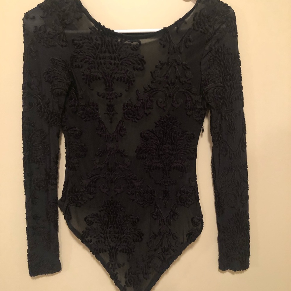 Black mesh/velour bodysuit